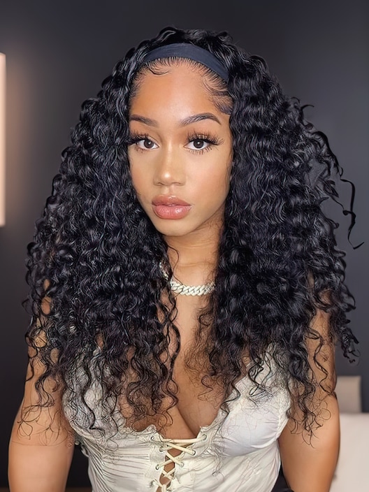 Flash Deal Unice Headband Scarf Wig Water Wave Human Hair Wig 18 Inch