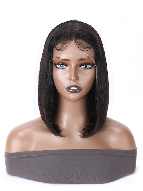 12" Lace Frontal Short Bob Wig Human Hair Super Natural Black 150% Density