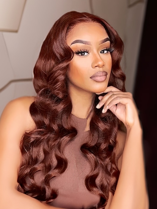 16 Inches Reddish Brown Body Wave Real Human Hair Lace Part Wig For Deep tone Skins
