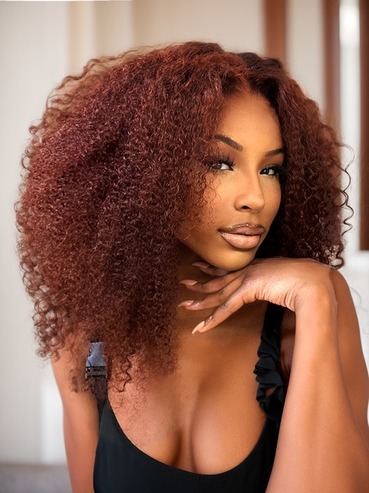 6x4.5 Lace Put On And Go Reddish Brown Kinky Curly Wig Pre Cut Lace Wig with Baby Hair