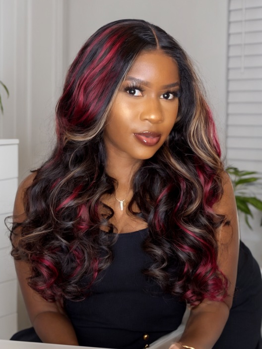 13x4 Lace Front Black with Red & Blonde Highlights Red And Blonde Loose Wave Wig 150% Density