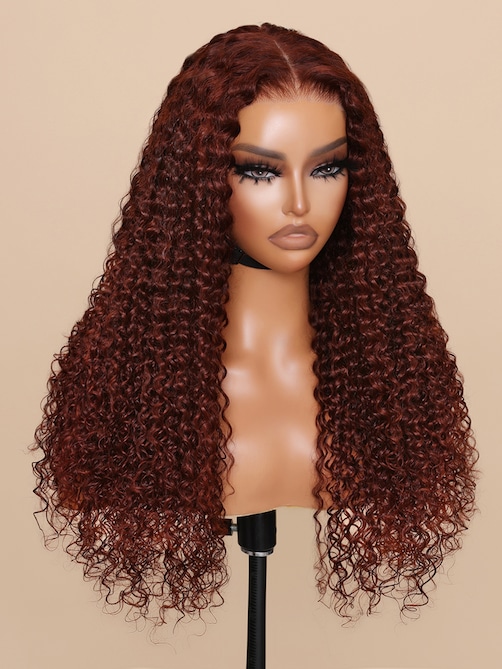7x5 Bye Bye Knots Wig Glueless Lace Reddish Brown Curly Wig With Bleached Knots Bouncy 150% Density