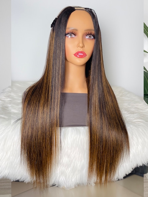 UNice Glueless U Part Straight Wig For Beginners With Brown Highlights