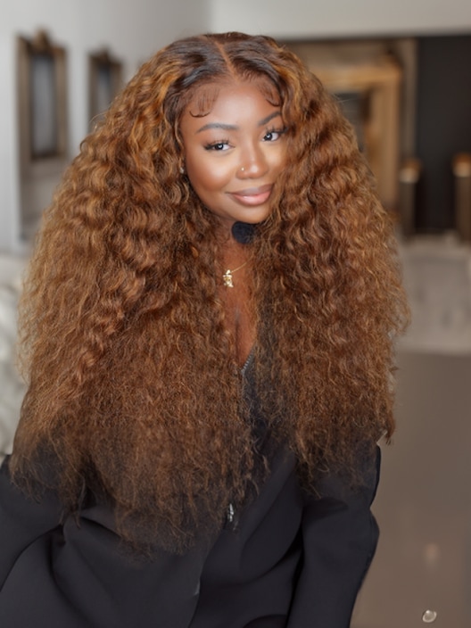 7x5 Byebye Knots Put On And Go Brown Piano Highlights Water Wave Glueless Wig 150% Density