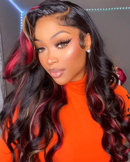 13x4 Lace Front Red And Blonde Loose Wave Wig Black with Red & Blonde Highlights