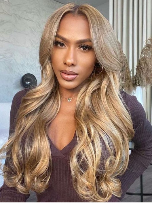 13x4 Lace Front Honey Blonde Highlight Wigs Human Hair Body Wave Colored Wigs 150% Density