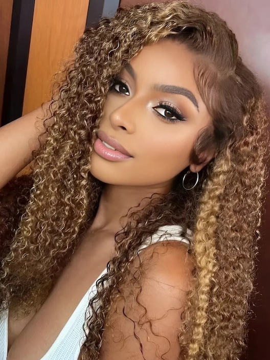[22"=$99] 13x4 Lace Front Ombre Honey Blonde Money Piece Highlight Lace Wigs Curly Human Hair Wigs