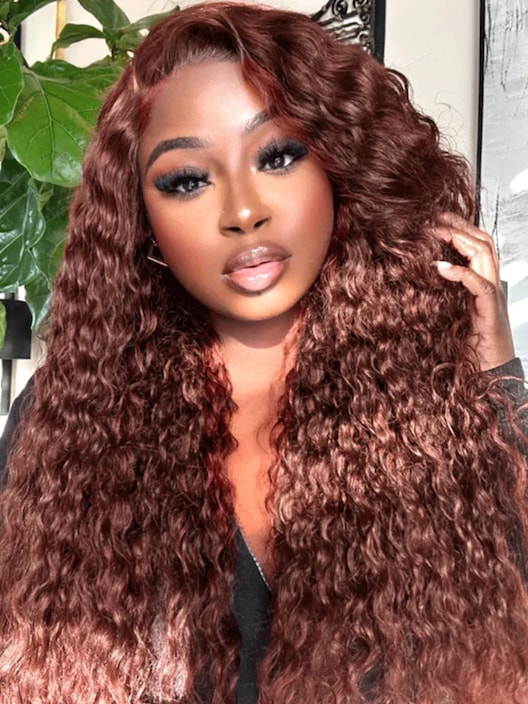 13x4 Pre Everything Glueless Lace Frontal Wig Reddish Brown Water Wave Wig Pre-Cut & Pre-Pluck &  Pre-Bleached Pre-Everything Wig 150 Density