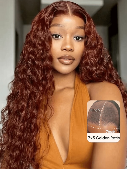 Bye-Bye Knots Wig 7x5 Lace Reddish Brown Water Wave Wig 150% Density