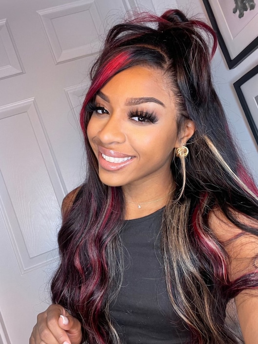 [US Only] 16 Inch 13x4 Transparent Lace Frontal  Black Red & Blonde Highlights Red And Blonde Loose Wave