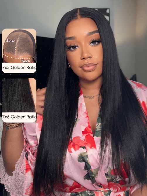 Bye Bye Knots 7x5 Glueless Lace Wig Black Yaki Wig With Bleached Knots 150% Density