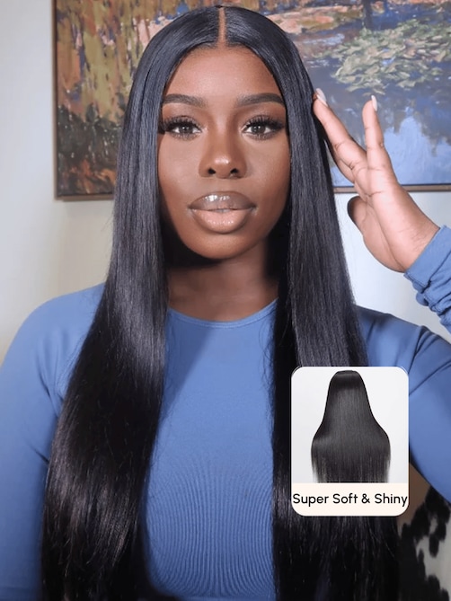 24inch 6x4.5 Lace 180% Density Put On And Go Pre Cut Lace Straight Black Wig With Breathable Cap