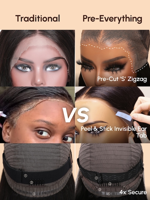 13x4 Pre-Everything Lace Frontal Black Fluffy Natural Loose Wave Curtain Bangs Wig