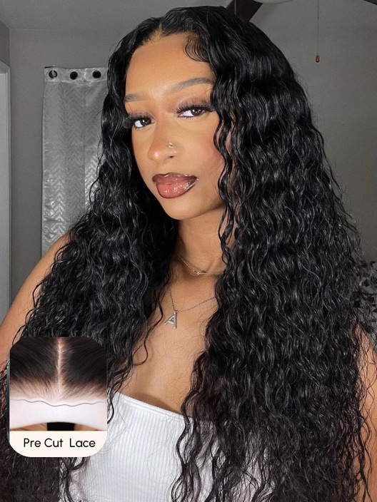 200% Density 6x4.5 Pre Cut & Pre Bleached Lace with Baby Hair Put On And Go Black Water Wave