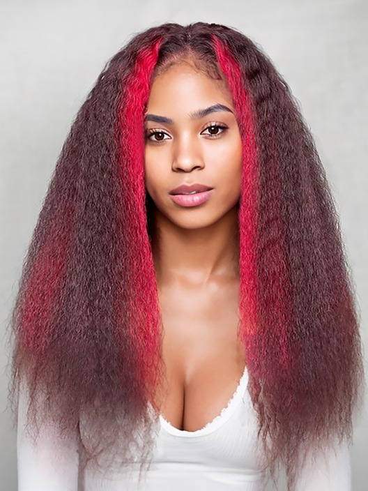 [US Only] 20 Inch 13x4 Lace Front Wig Burgundy Highlight 4C Kinky Straight Lace Front Wig