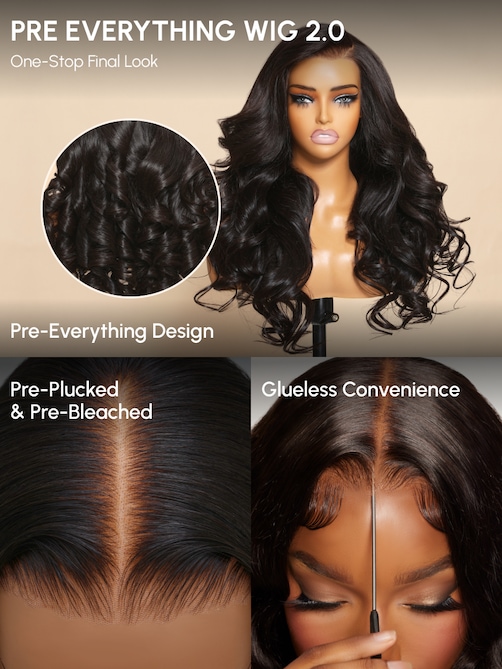 13x4 Pre-Everything Lace Frontal Black Fluffy Natural Loose Wave Curtain Bangs Wig