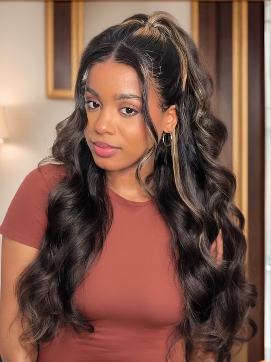 13x4 Lace Front Wig Chocolate Brown With Peek A Boo Blonde Highlights Body Wave Super Secure