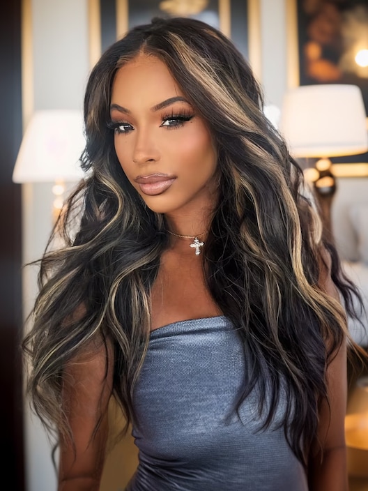 13X4 Lace Front Chocolate Brown With Peek A Boo Blonde Highlights Loose Wave Lace Front Wig