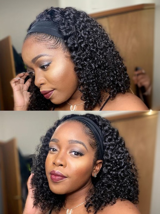 14Inch Curly Human Hair for Women Glueless Headband Natural Black Wig