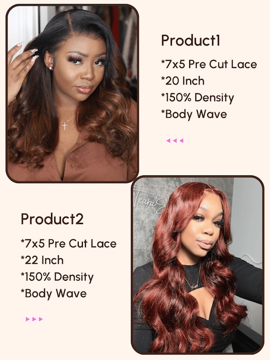 [2 wigs=$319] Both 22" 7x5 Lace Bye Bye Knots Balayage Highlight Body Wave and Reddish Brown Wig
