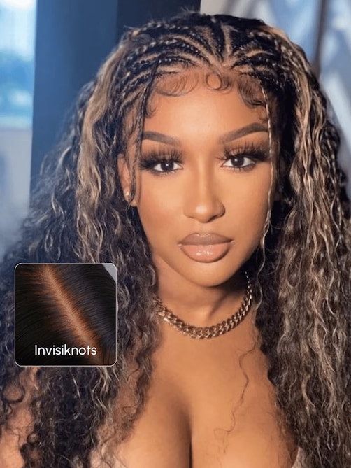 UNice Bye-Bye Knots Wig 7x5 Lace Black With Blonde Highlights Water Wave Wig