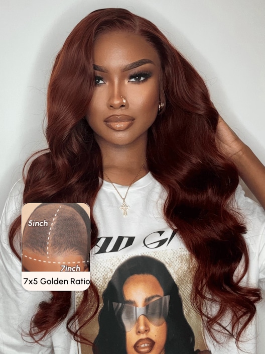 7x5 Byebye Knots Lace Reddish Brown Body Wave Bleached Knots Blend Seamless Wig