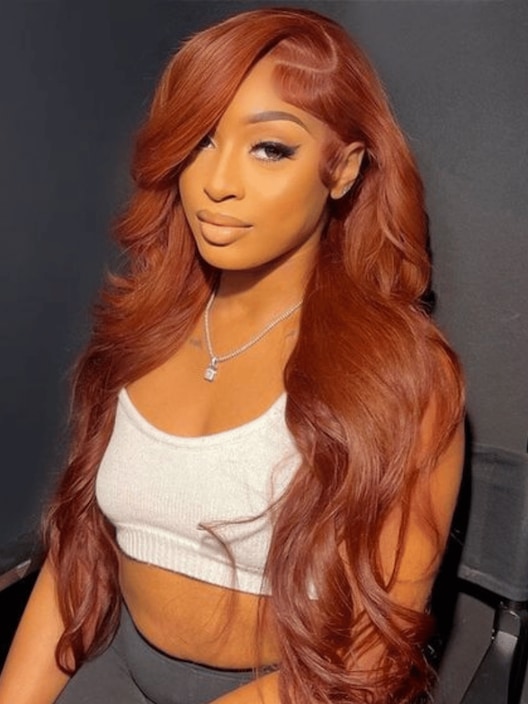 13x4 Lace Front Copper Brown Body Wave Wig Ginger Brown 150% Density Pre plucked Hairline
