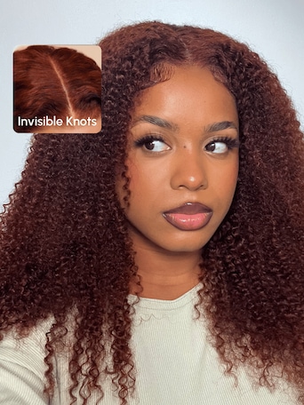 UNice 6x4.5 Put On And Go Pre-Plucked Reddish Brown Kinky Curly Wig 150% Density
