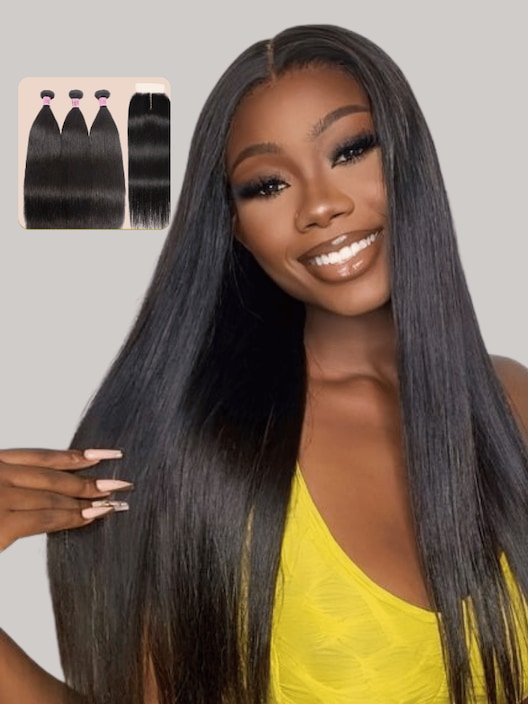 UNice Hair 3 Bundles With Closure Middle Part 100% Virgin Remy Human Hair T Part Lace Closure Natural Black Color