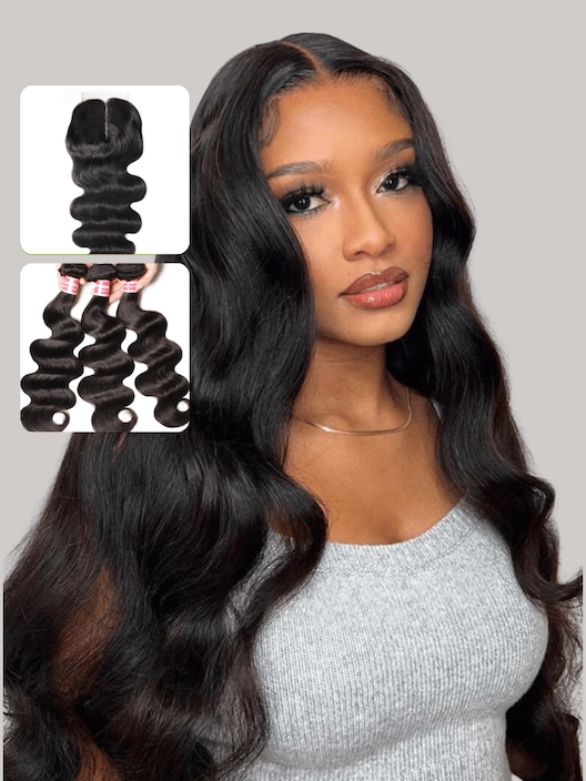 UNice Human Hair Body Wave 3 Bundles With Middle Part Lace Closure