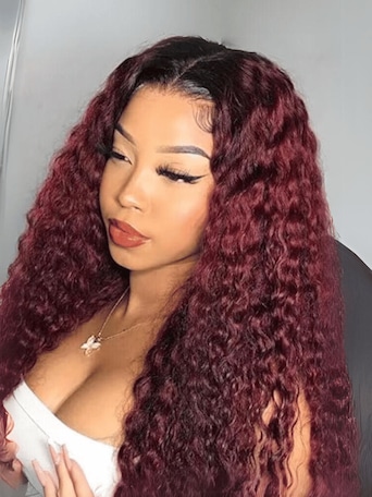 [22"=$99] Beginner Friendly V Part Burgundy Ombre With Dark Roots Curly Wig 150% Density