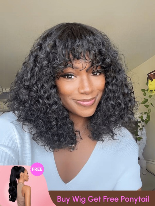 [$119=Wig+ Ponytail] Weekend Special Offer Curly Bob Wig With Bangs Mono Lace On Top & Body Wave Ponytail