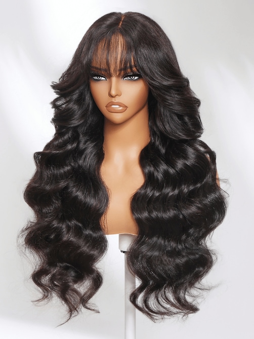 13x4 Pre-Everything™ Lace Frontal Black Fluffy Natural Bouncy Loose Wave Curtain Bangs Wig