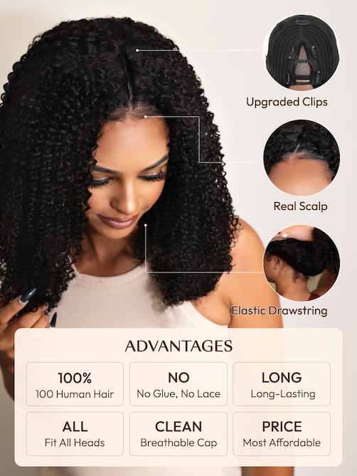 UNice EasiContour™ V Part Minimal Glueless Curly Glueless Wig With Invisi Drawstring 100% Human Hair 150% Density
