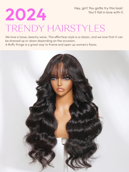 13x4 Pre-Everything Lace Frontal Black Fluffy Natural Loose Wave Curtain Bangs Wig