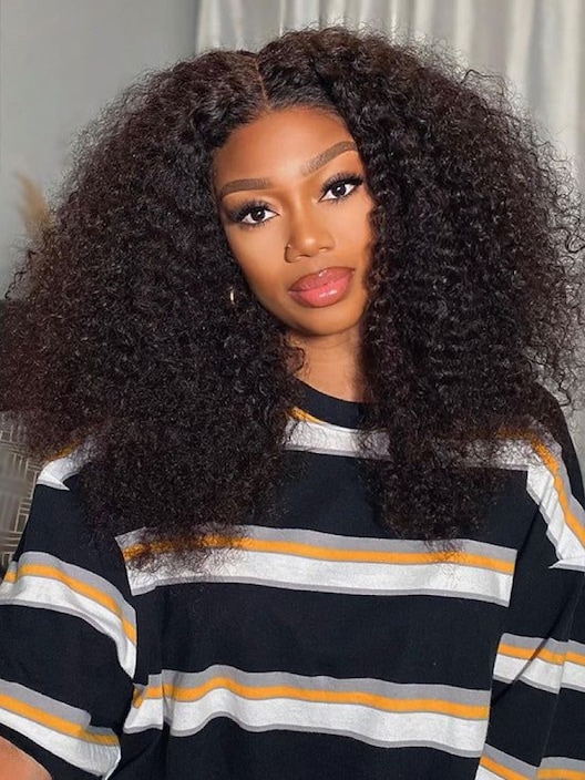 6x4.5 Pre Cut Lace Put On And Go Gluless Curly Hair Natural Black Lace Wig With Breathable Cap Bleached Knots