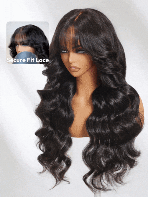 13x4 Pre-Everything™ Lace Frontal Black Fluffy Natural Bouncy Loose Wave Curtain Bangs Wig