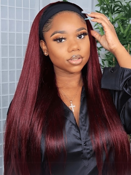 [BOGO FREE] 20 Inch Ombre 99j Wine Red Color Straight Human Hair Headband Wig With Black Root