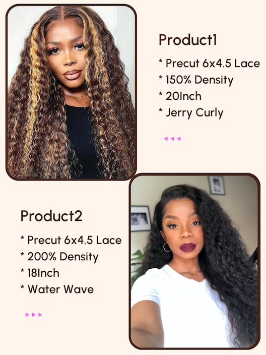 2 Wigs $232 for 20" Precut 6x4.5 Lace Highlight Curly Wig and 18" Precut 6x4.5 Lace 200% Density Water Wave Wig