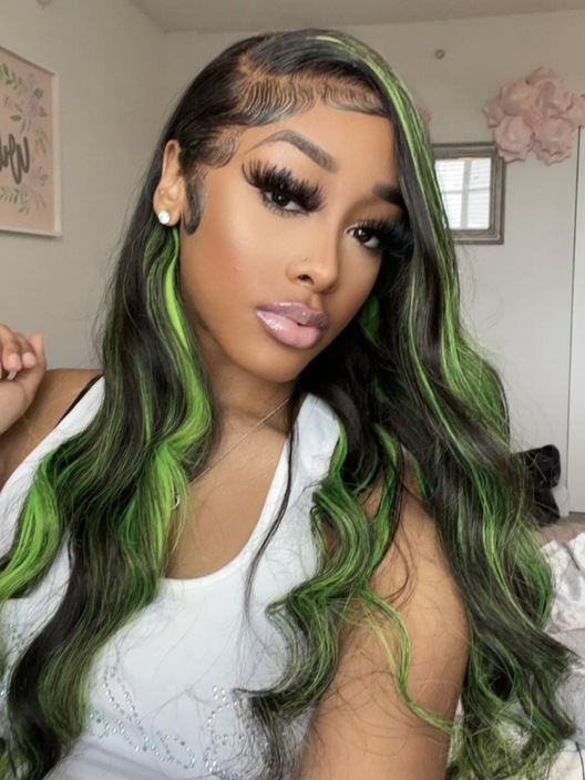 [24"=$0.99 Limited] 13x4 Lace Frontal Wig Green With Highlights Layered Loose Wave Lace Front Wig 150% Density