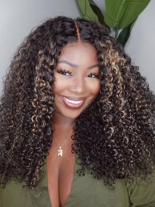 Bye Bye Knots Wig 7x5 Glueless Lace Black With Blonde Highlights Kinky Curly Bleached Knots Wig 180% Density