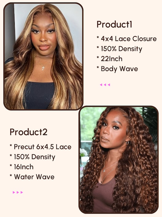 2 Wigs $87 for 22" 4x4 Lace Closure Honey Blonde Body Wave and 16" Precut 6x4.5 Lace Piano Highlight Water Wave Wig