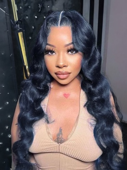 [24"=$0.99] 13x4 Dark Silver Blue Loose Wave Transparent Lace Front Wig 150% Density