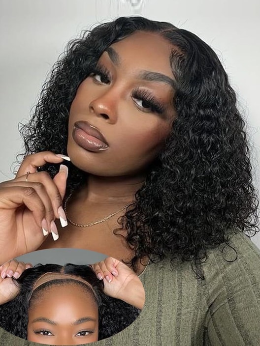 6x4.5 Pre Cut Lace Bouncy Water Wave Glueless Bob Wig 150% Density