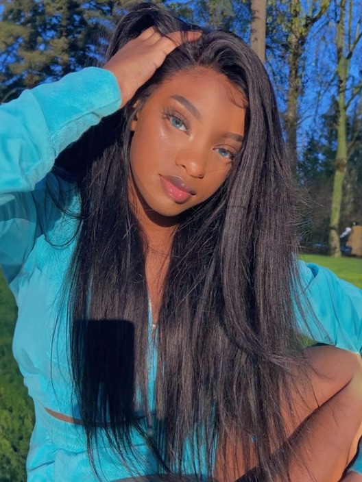 Invisible 5x5 HD Glueless Lace Wig Kinky Straight Hair 180% High Density Pre Plucked Natural Black (US Only)
