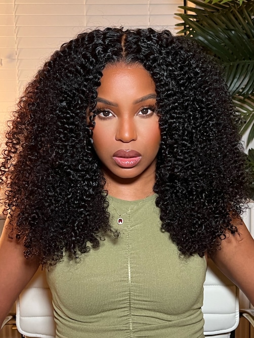 [22"=$99] Kinky Curly Super Bouncy Middle Lace Part Natural Black Human Hair Wigs