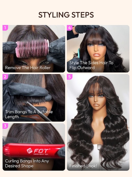 13x4 Pre-Everything™ Lace Frontal Black Fluffy Natural Bouncy Loose Wave Curtain Bangs Wig