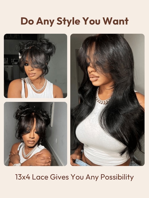 13x4 Pre-Everything™ Lace Frontal Black Fluffy Natural Bouncy Loose Wave Curtain Bangs Wig