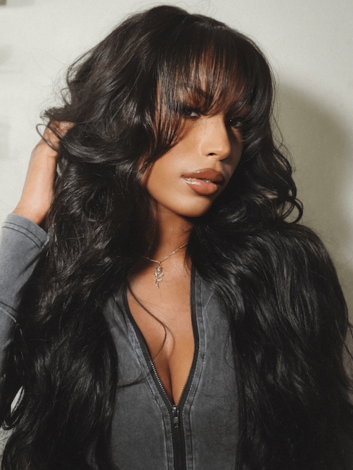 13x4 Pre-Everything™ Lace Frontal Black Fluffy Natural Bouncy Loose Wave Curtain Bangs Wig