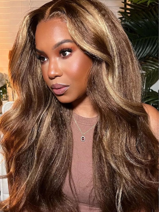 13x4 Lace Frontal Kinky Straight Honey Blonde Highlights Wig 100% Human Hair